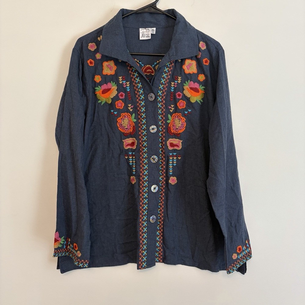 Parsley & Sage XL Embroidered Floral Denim Blue Button Front Long Sleeve Top